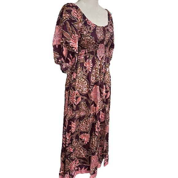 NWT Omika Brown Balloon Sleeve Ruched Upper High Waist Blair Midi Dress Sz Small - Picture 4 of 13